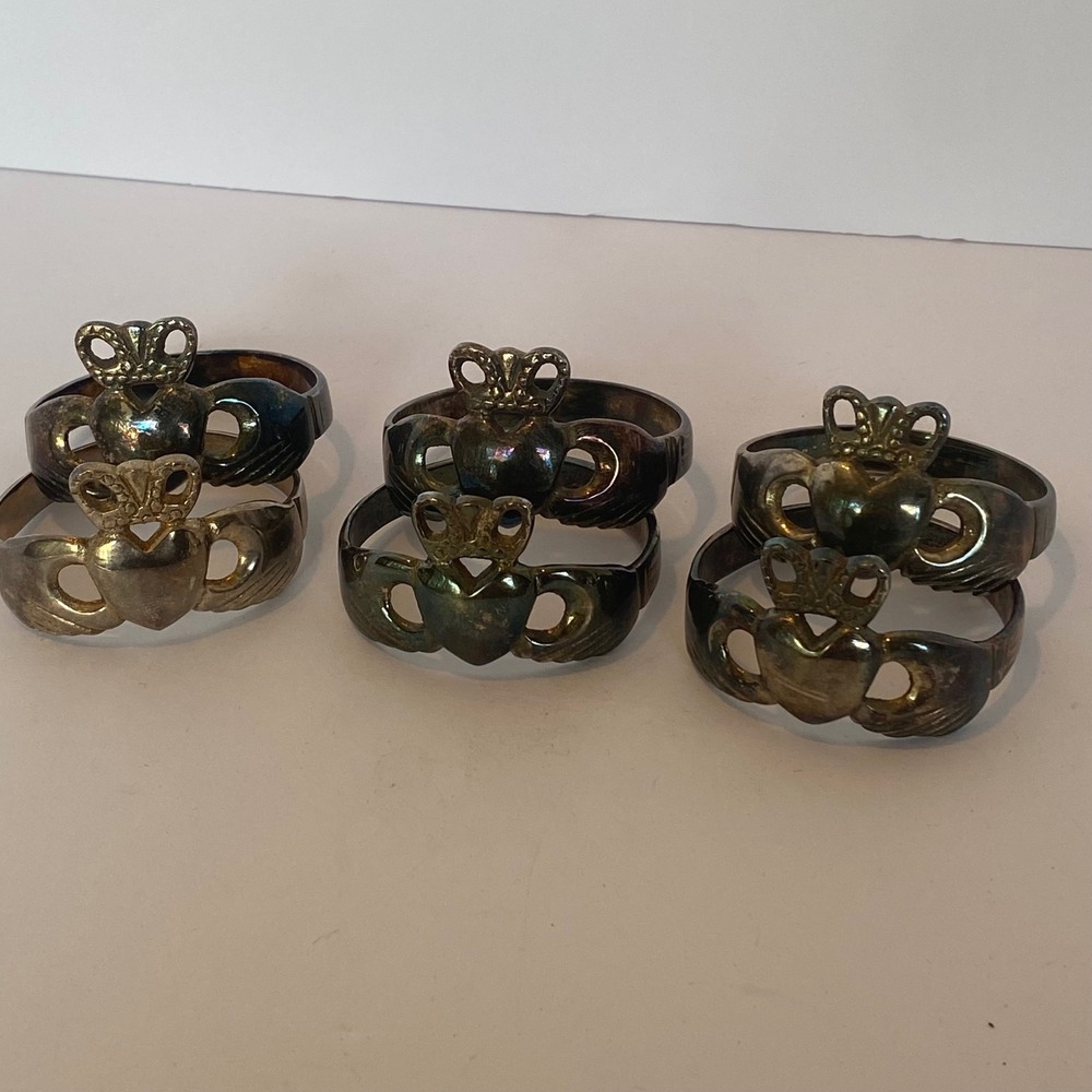 Peggy Wilkins Claddagh Napkin Rings Set of 6 Silver EPNS Vintage Irish Decor